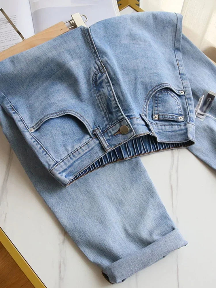 Casual Harem Jogger Jeans Elastic High Waist Denim Trousers