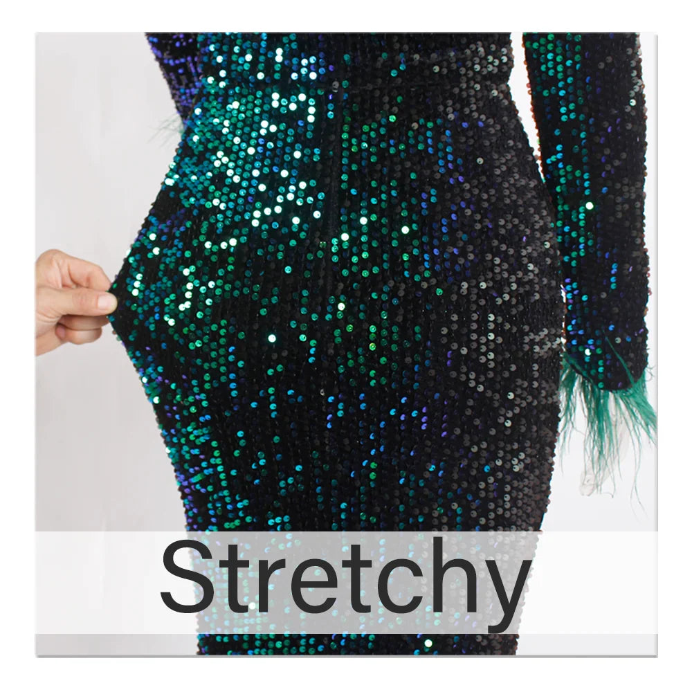 Sparkle Sequin Green Feathers Maxi Cocktail Dress Mermaid Off Shoulder Long Sleeves Stretch Wedding Party Gown Dresses 2025