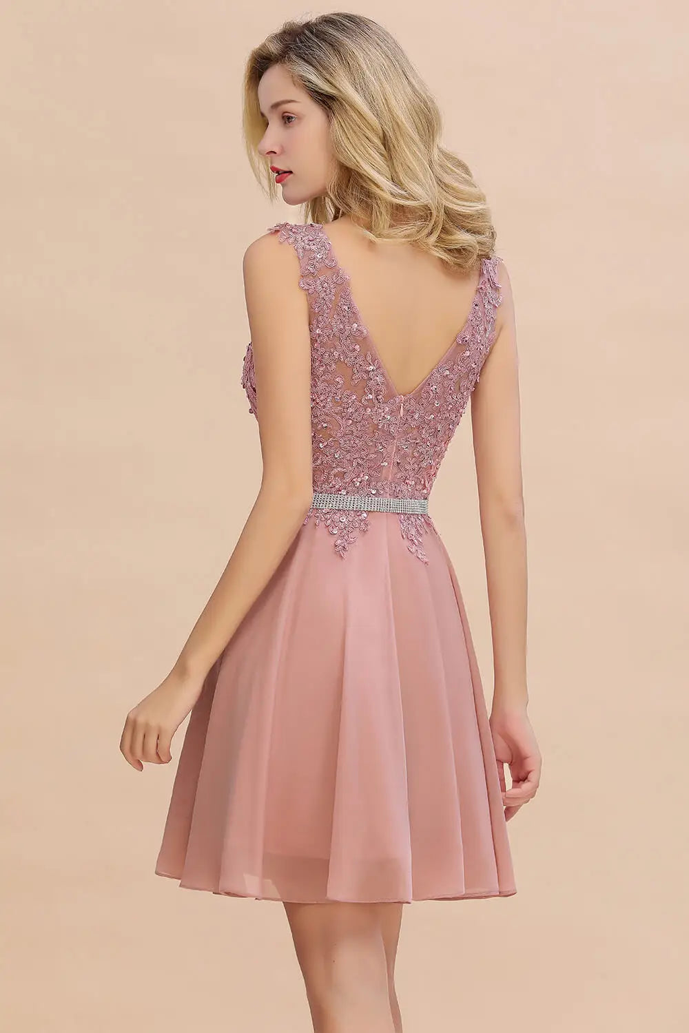 Newest Dusty Pink Sequins Lace Cocktail Dresses With Sashes Sexy V neck A Line Chiffon Short Party Gowns For Prom Evening 2025