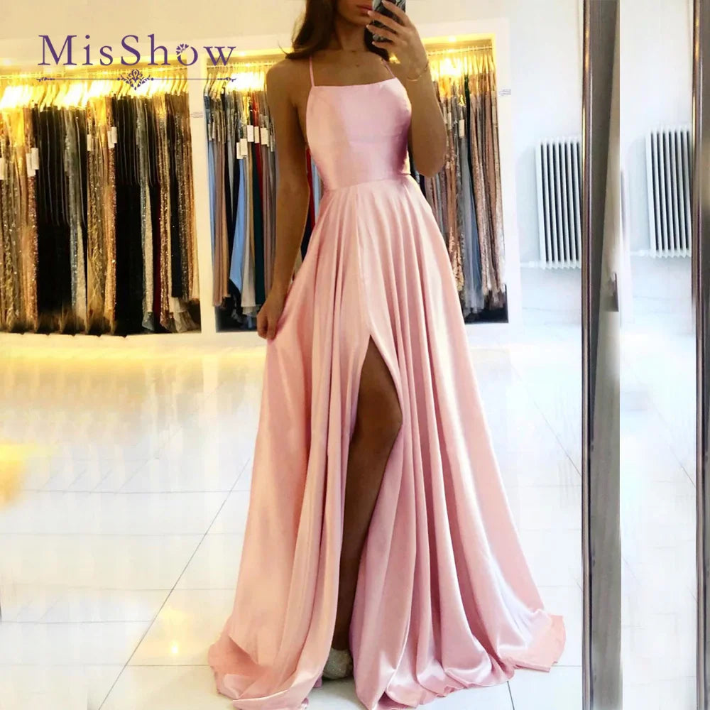 2025 Vestidos Longos de Cetim Verde Escuro para Madrinhas de Casamento com Alças Finas Fenda Sexy Decote nas Costas Maxi Vestidos de Noite Femininos