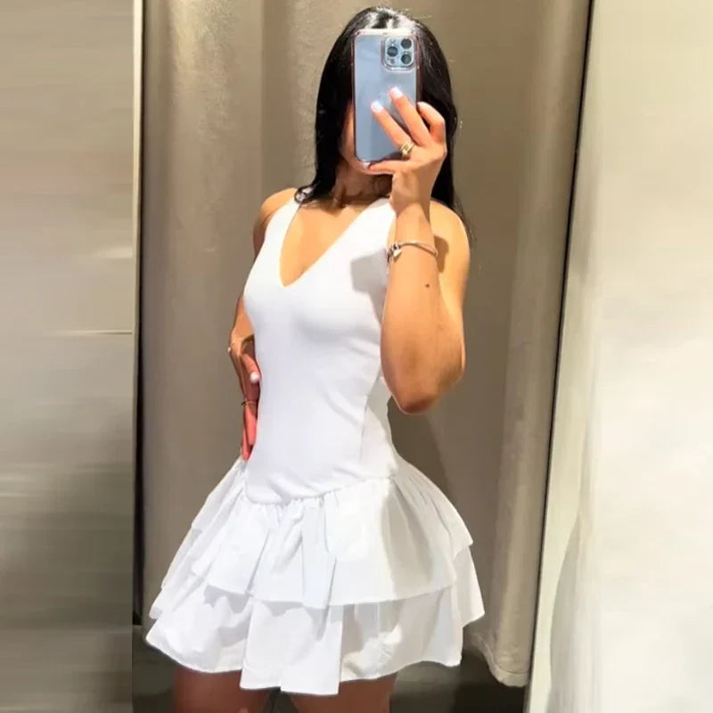 Womens Dresses Ruffled Halter Dress Summer Black Pink White Dress Mini Layered Backless Short Dresses Elegant Vestidos 066