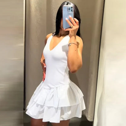 Womens Dresses Ruffled Halter Dress Summer Black Pink White Dress Mini Layered Backless Short Dresses Elegant Vestidos 066