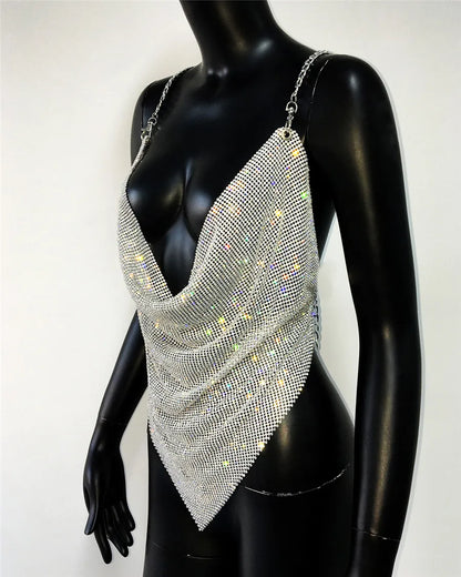 Shiny Rhinestone V Neck Tank Top 2025 Sexy Backless Metal Chain Spaghetti Straps Sling Camisole Women Nightclub Party Crop Top