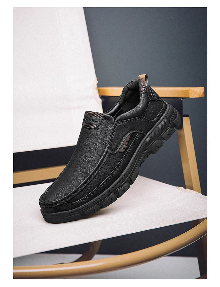 Men's Casual Loafers Handmade Breathable Leather Shoes with Thick Rubber Sole Comfortable Footwear Classic Hand Sewn Seams