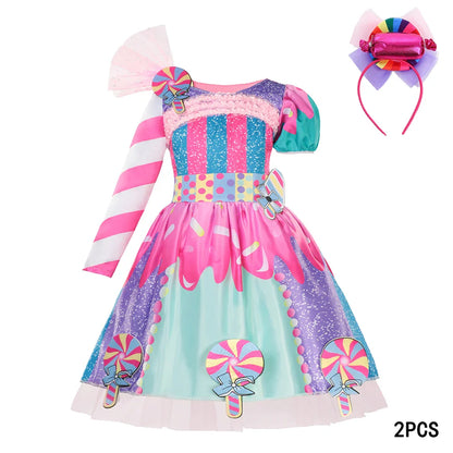 New Candy Dress Lollipop Cosplay Costume Rainbow Dress Carnival Purim Party Princess Dress Long Short Sleeves Candies Dresses