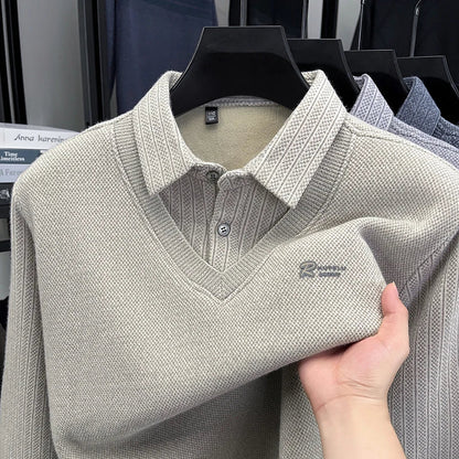 Winter Men's Vacation Two-piece Thick Woolen Sweater with A Warm Collar and Knitted Polo Base for Middle-aged and Elderly People