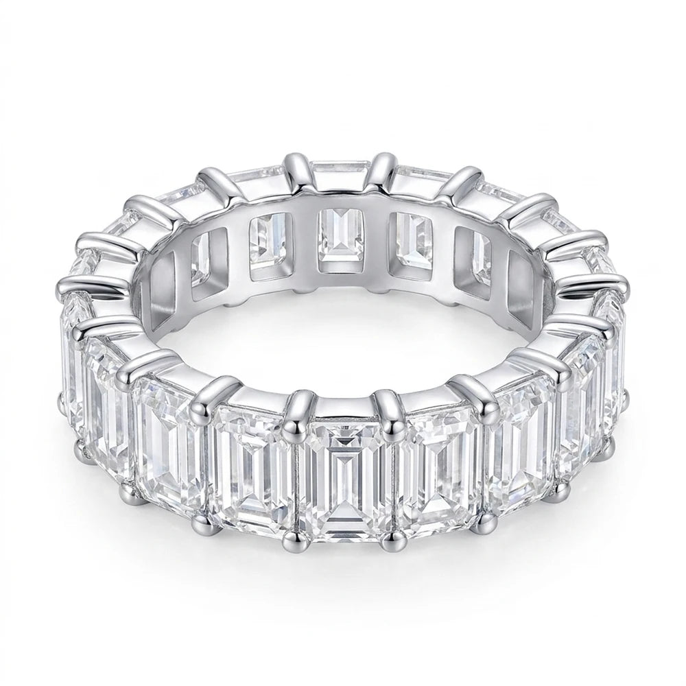 Emerald Cut Moissanite Eternity Ring 925 Sterling Silver Wedding Band D VVS Lab Grow Created Moissanite Rings for Women