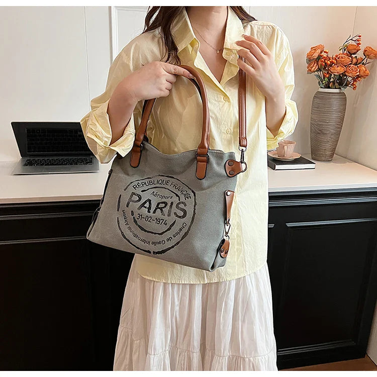 Portable Canvas New Trend Fashion Women's Bag Letter Large Capacity Tote Bag Leisure Commuting Single Shoulder Diagonal Span