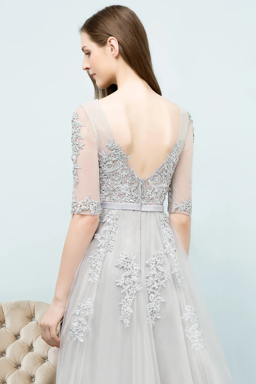 Elegant Half Sleeve Evening Dresses Lace Appliques A-Line Long Tulle Strap V-Neck Sheer Backless Prom Dress Empire Party Gowns