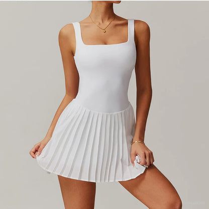 Workout Tennis Dress with Built in Shorts Square Neck Padded Workout Dress with Pockets Golf Athletic Mini Dresses
