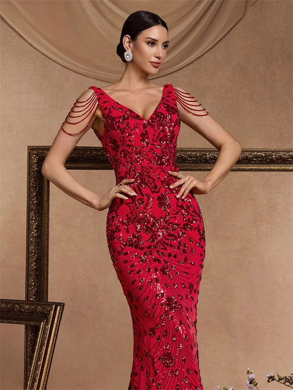 Elegant Deep V-Neck Red Sequin Formal Evening Dresses Women 2024 Beading Wedding Party Mermaid Cocktail Prom Gown