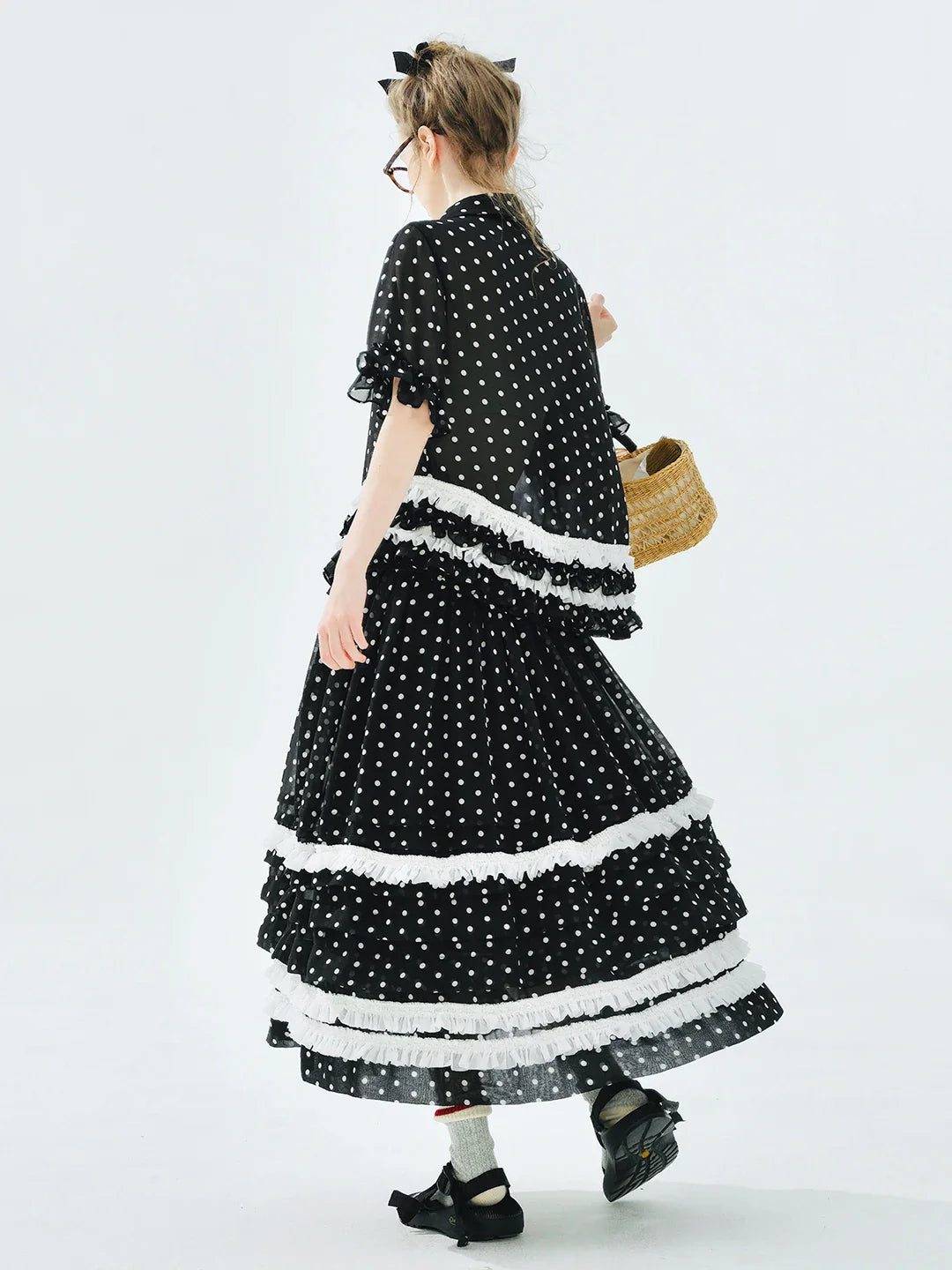 Women's Black Midi Skirt Elastic Waist White Polka Dots Tiered Ruffles Summer Essential Versatile Styling 255079