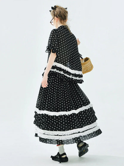 Women's Black Midi Skirt Elastic Waist White Polka Dots Tiered Ruffles Summer Essential Versatile Styling 255079