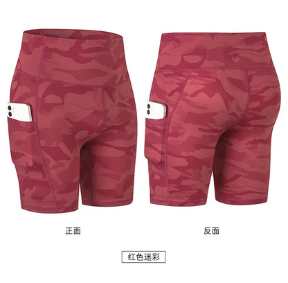 Women's printed nude yoga shorts with pockets skin-friendly tight stretch quick-drying sports fitness hiking running shorts