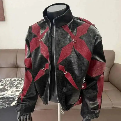 Men's PU Leather Jacket 2025 Trend New Zipper Stand Collar Contrast Color High Street Coats Fashion Menswear 21E2807