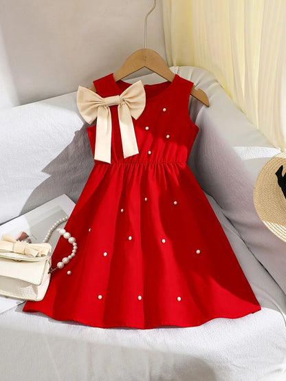 Girl's summer style dress with sleeveless round neck, pearl Velcro, bow decoration, waist cinching, exquisite and elegant dress