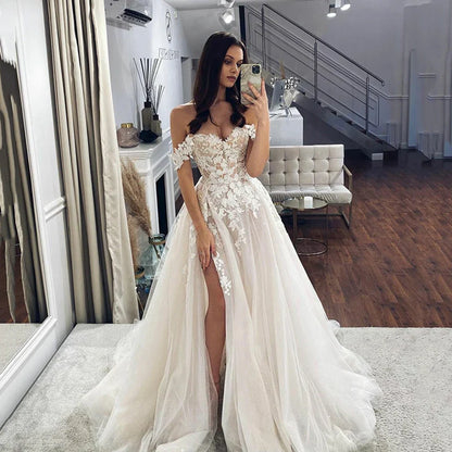 Lace Wedding Dresses 2022 Off The Shoulder Sweetheart Neck Bridal Gowns Side Split Appliques CountryWeddingGown Customized
