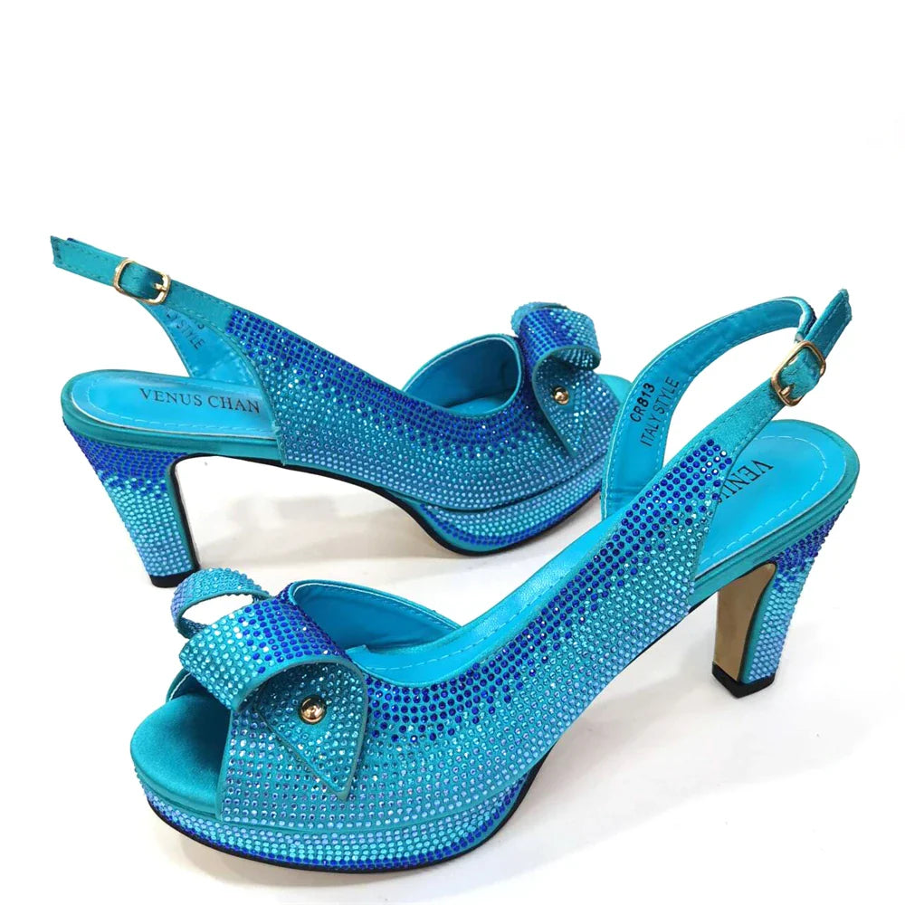 Newest INS Style Peach Color Rhinestone Elegant High Heels Nigeria Popular Design African Ladies Shoes And Bag Set