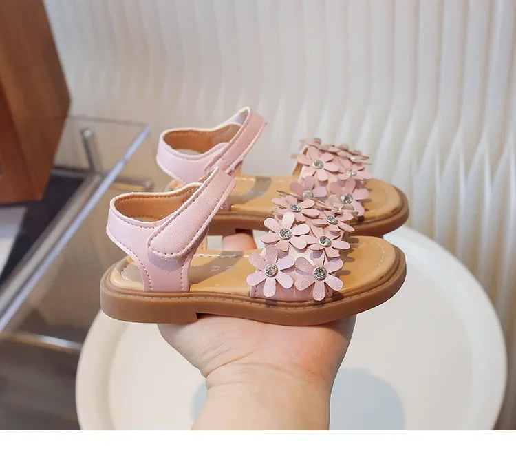 Little Girls Floral Bohemian Sandals with Beads Princess Sweet Kids Summer Shoes Open Toes Anti-skid Size 22-31Hook & Loop Cute