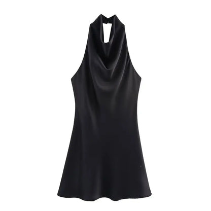 Silk Satin Texture Summer New Arrival Women's  Dr Hanging Ne Collar Gown Soft A-Line Skirt High Waist Pure Color