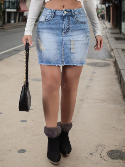 Women's American Style Light Stretchy Denim Mini Skirt with Pockets Slim Fit Spring Summer Autumn Appropriate Ladies Jeans Skirt