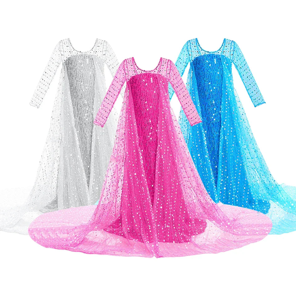 Children Elsa Cosplay Little Girls Princess Carnival Birthday Sequin Dress Kids Cinderella Performance Blue White Rose Red Dress