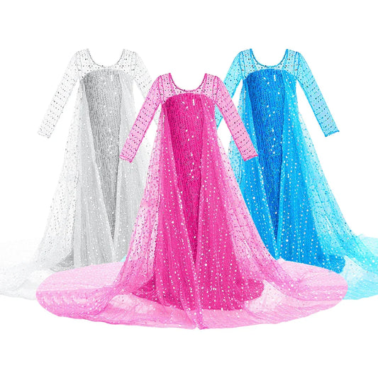 Children Elsa Cosplay Little Girls Princess Carnival Birthday Sequin Dress Kids Cinderella Performance Blue White Rose Red Dress
