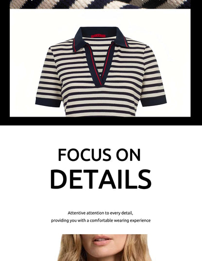 Fashion Stripe Knitted Polo Neck T Shirt For Women Soft Chic Short Sleeve Casual Pullovers 2025 Summer New Lady Street Tops