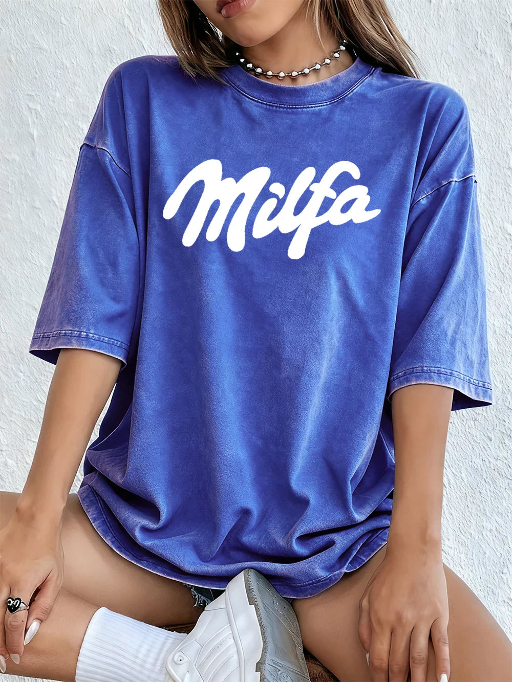 Milfa Purple Art Letter Printing Washed T-Shirts Womens Cotton Short Sleeve Tops Street O-Neck Oversize T Shirt Summer Clothes