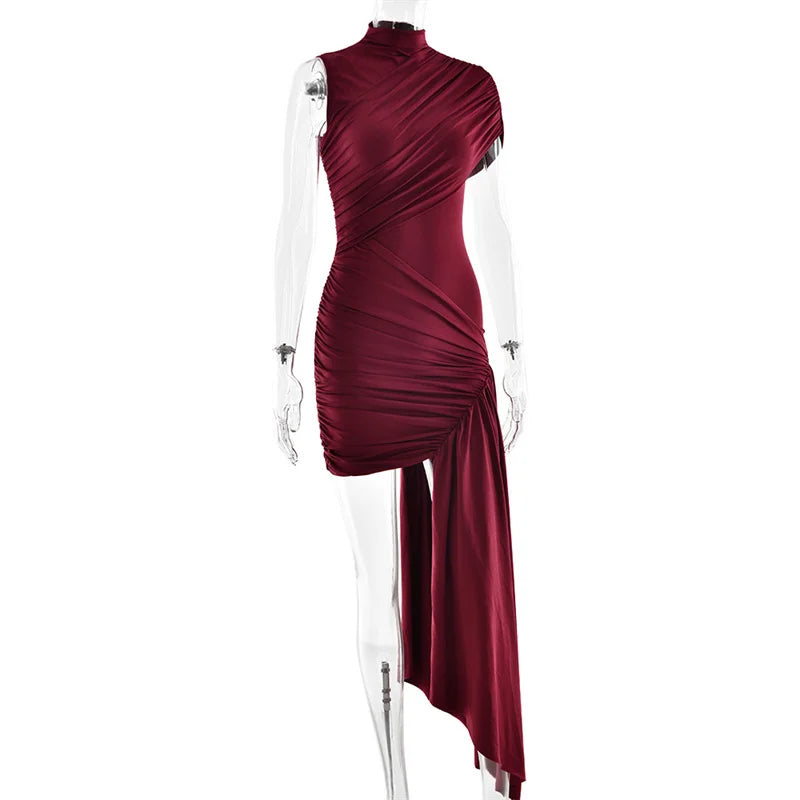 Summer Draped Ruched Sexy Mini Dress Women 2025 New Irregular High Waist Slim Fit Dress Female Elegant Club Tank Dress