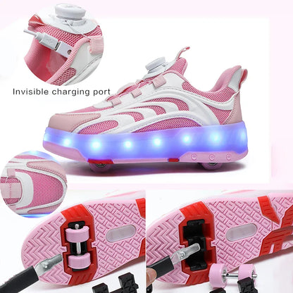 New Kids Wheels Roller Skate Shoes Boys Girls Swivel Buckle LED Light Luminous rechargeable Outdoor Children's Casual Sneakers