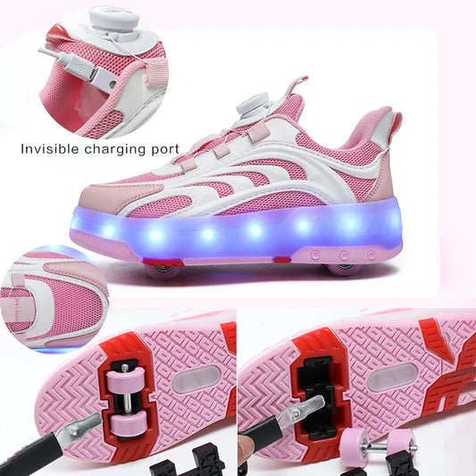 New Kids Wheels Roller Skate Shoes Boys Girls Swivel Buckle LED Light Luminous rechargeable Outdoor Children's Casual Sneakers