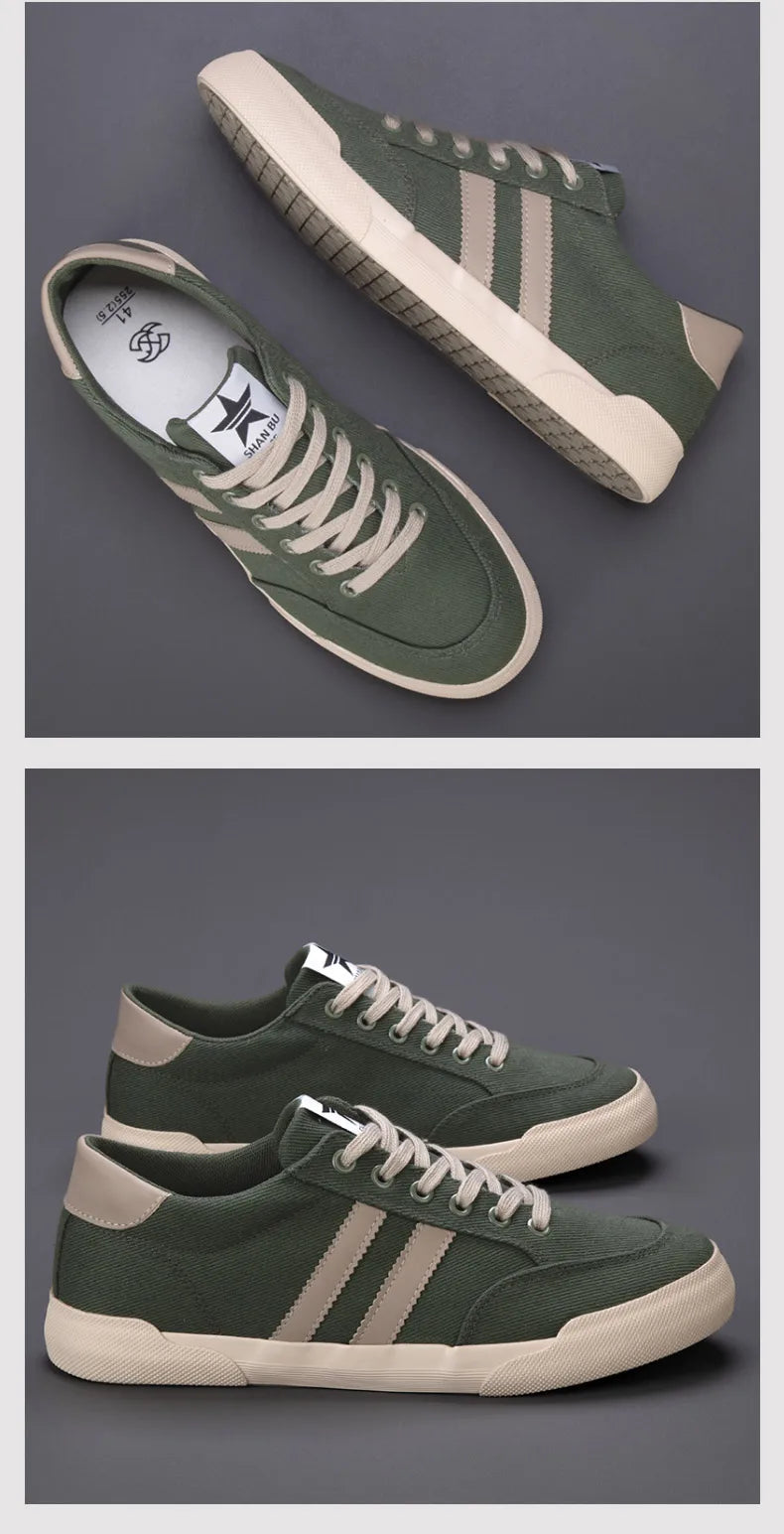 Retro Green Vulcanize Shoes Men Breathable Leisure Shoes For Men Lightweight Flat Casual Canvas Sneaker