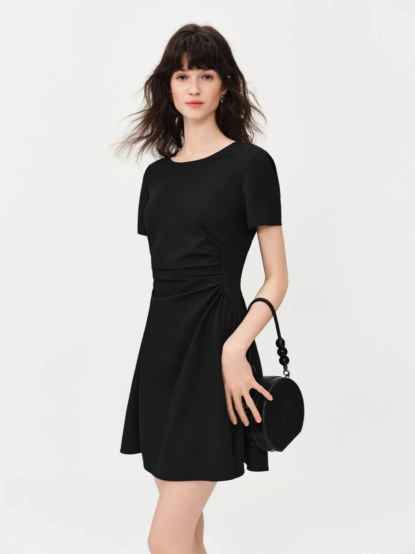 Summer Women's Black Midi Dress, Crew Neck Short Sleeve Waist-Cinching Slim Fit Black Dress for Chic Minimalist Style