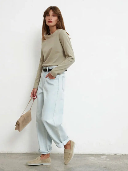 Women's Spring Autumn 100% Cotton T-shirt Bottoming Basic Solid Lady Long Sleeve Loose Tops Shirts Oversized T Shirt