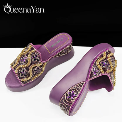 Popularity Open Toe Luxury Fashion Women High Heels Shoes and Bags Set With Rhinestone for Wedding Party Elegant