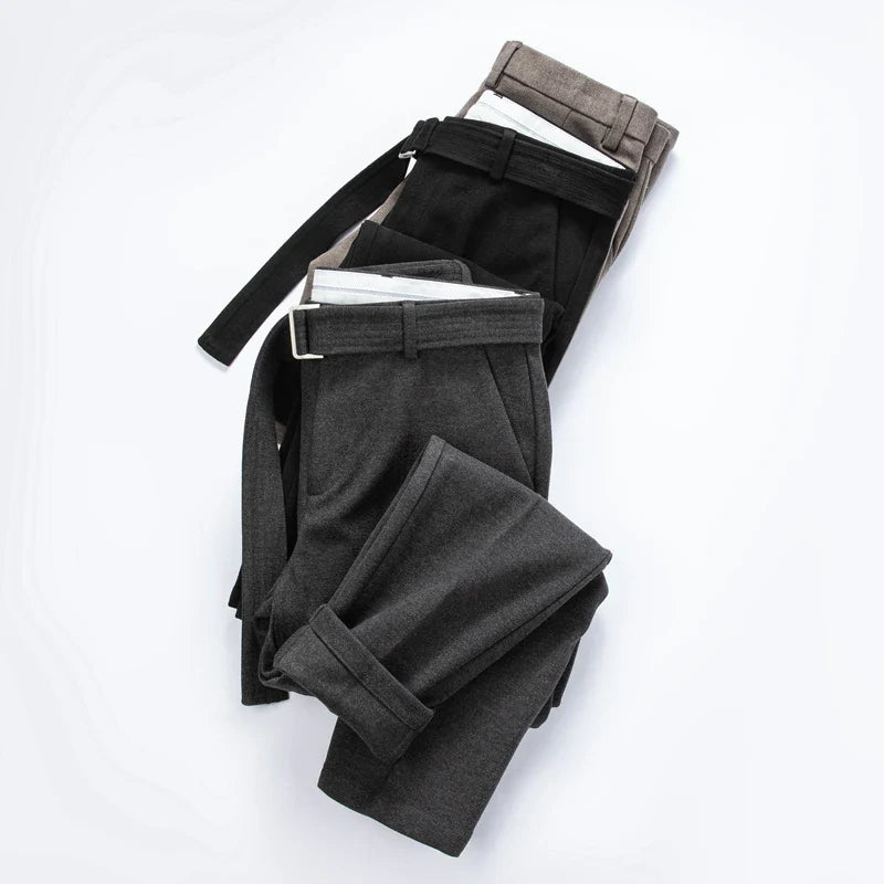 Autumn Winter Men's Slim Fit Suit Pants With Belt Solid Color Smart Casual Youthful Vitality Suit Trousers Men Korean Style Pant