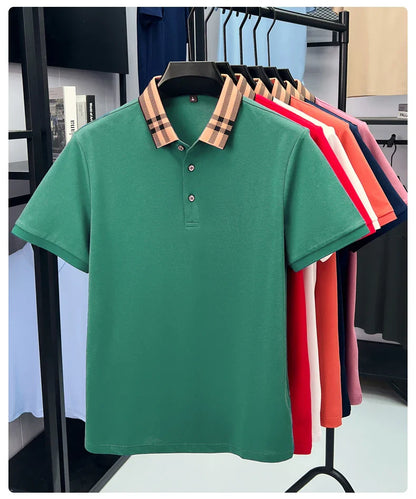Fashion brand plaid lapel short sleeve polo shirt men summer new style simple solid color high-end business casual golf T-shirt