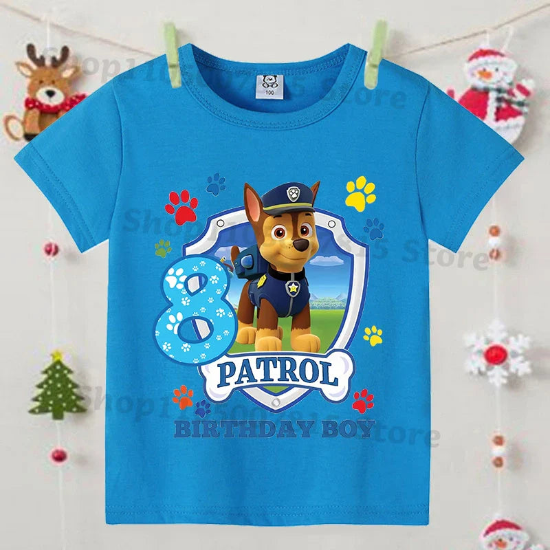 Paw Patrol Blue T-shirts for Boys Anime Cartoon Cute Birthday Clothing Children Summer Fashion Short Sleeved Shirt Kids Clothes