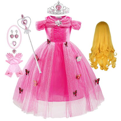 Summer Girls Sleeping Beauty Auroro Princess Halloween Cosplay Dress Off Shoulder Kids Gift Fancy Party Princess Clothing