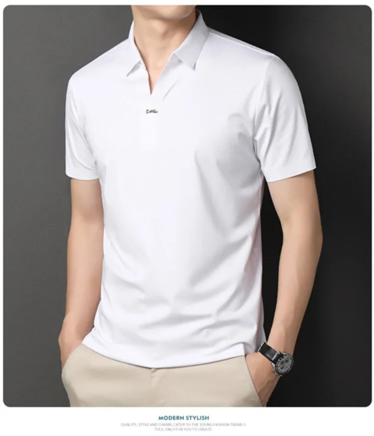 2024 High-quality Elastic Stretch POLO, Business Casual Men's Short-sleeved Shirt, Seamless V-neck M-4XL Men's Polo Shirt
