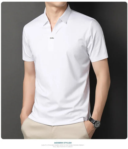 2024 High-quality Elastic Stretch POLO, Business Casual Men's Short-sleeved Shirt, Seamless V-neck M-4XL Men's Polo Shirt