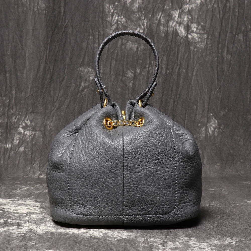 Metal Drawstring Versatile Women's Handbag Genuine Leather Chain Crossbody Bag Vintage Bucket Bag Mobile Phone Bag