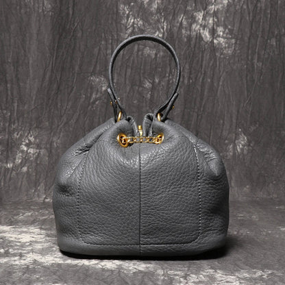 Metal Drawstring Versatile Women's Handbag Genuine Leather Chain Crossbody Bag Vintage Bucket Bag Mobile Phone Bag