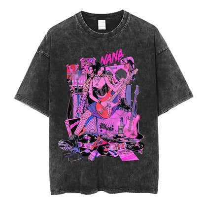Nana Osaki Japanese Anime Vintage Washed T-shirt Men's Women Clothing Harajuku Short Sleeve T-shirts 100% Cotton Casual T Shirts