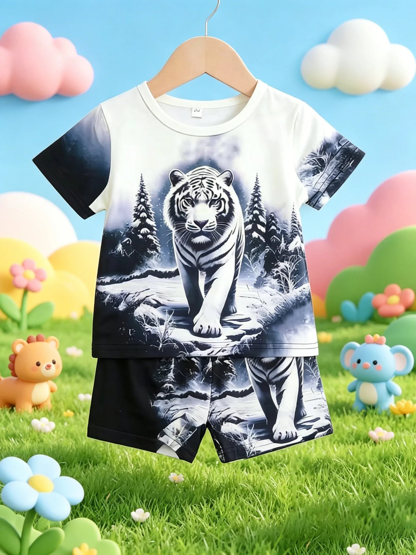 Summer New Arrival Boys Ink Wash Tiger All Over Print Short Sleeve Shorts Set