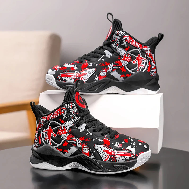 Original Children's Basketball Shoes Fashion Print Purple Basketball Sneakers Kids Training Shoes High Top Sports Shoes For Boys