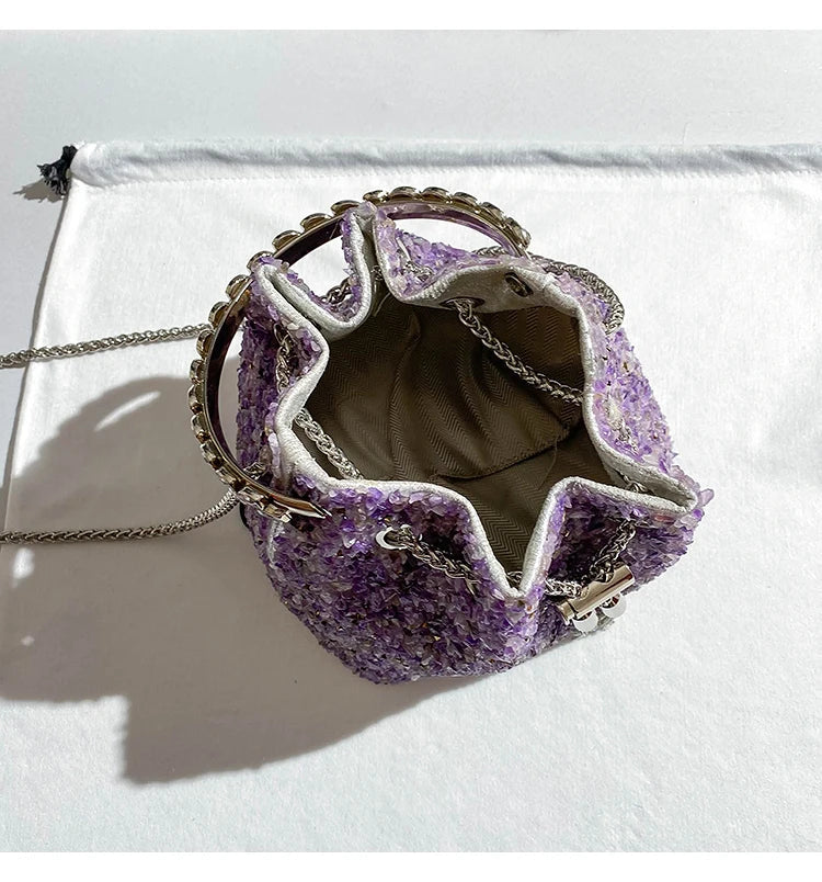 Luxury Designer Purple Stones Evening Clutch Bag Wedding Party Bucket Purse Metal Handle Women's Handbag Shoulder Messenger Bag