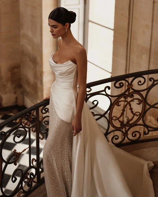 Customized Simple Strapless Mermaid Wedding Dress Shiny Sequin Beading Satin Detachable Train Pleat Bridal Gown Vestido De Novia