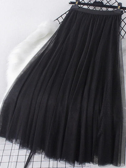 New large hem chiffon long skirt for women's Korean casual simple solid color three-layer A-line high waisted long skirt